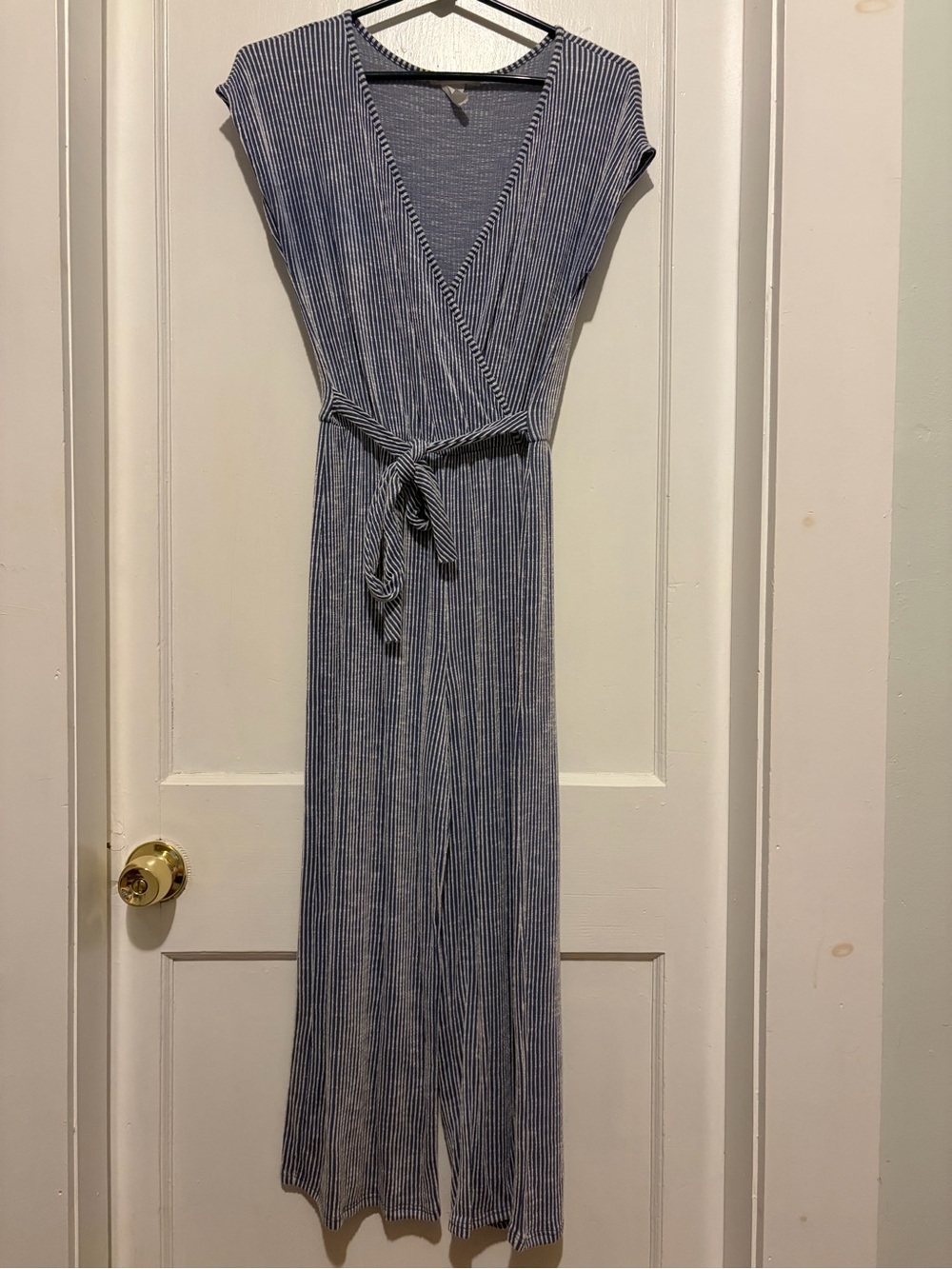 Caution To The Wind Blue and White Striped Wrap Jumpsuit